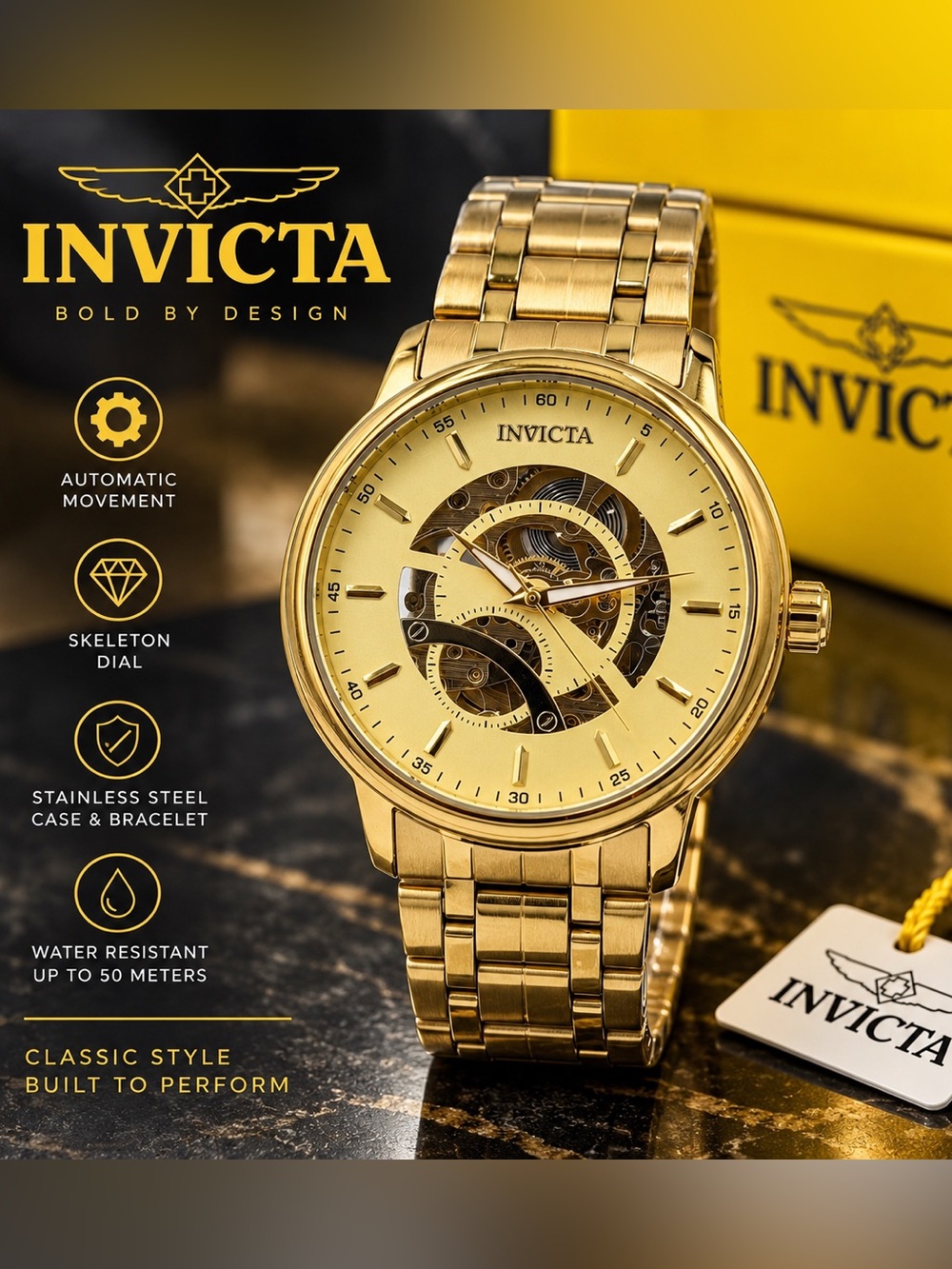 NEW Invicta Men’s Gold Automatic Skeleton Watch – Stainless Steel